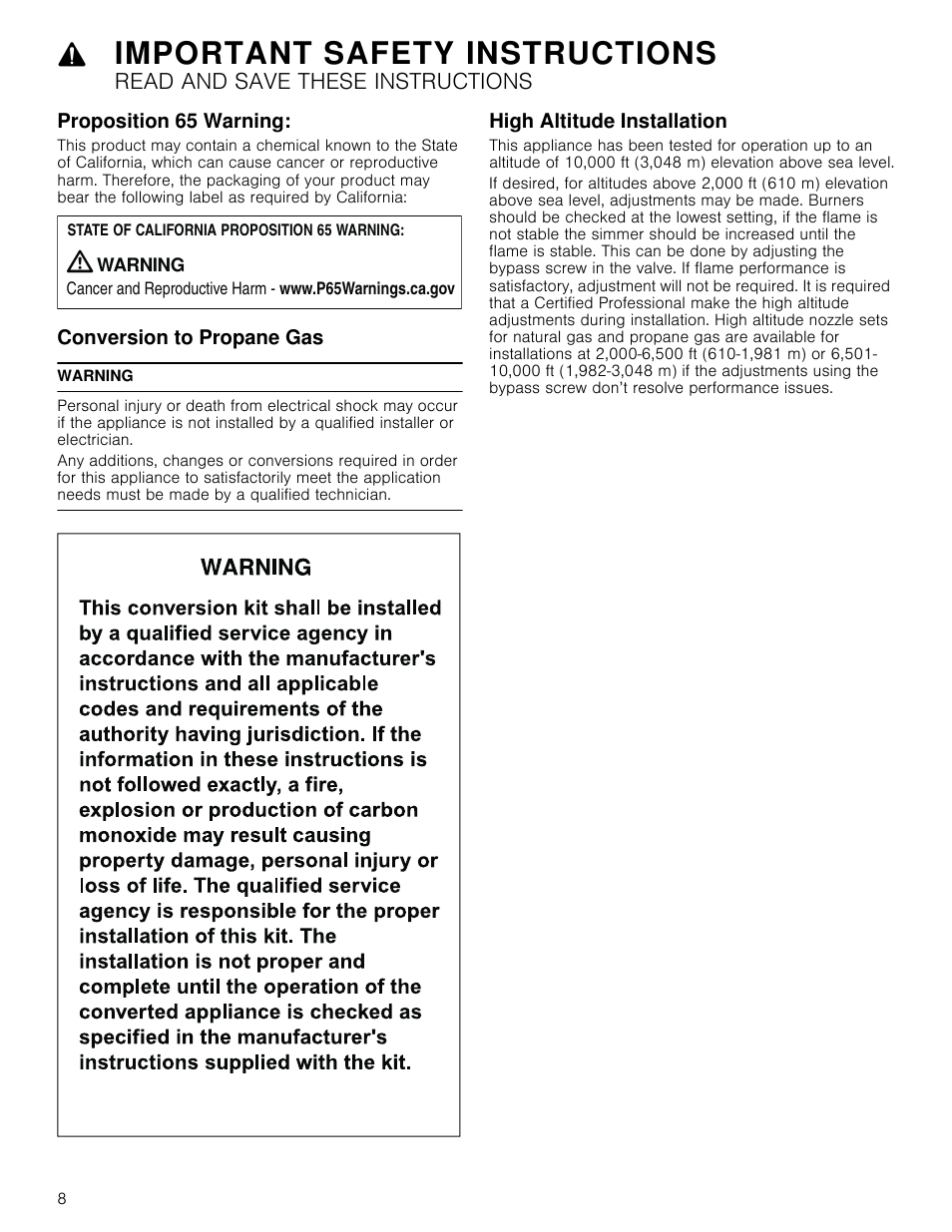 Proposition 65 warning, Conversion to propane gas, Warning | High altitude installation, Important safety instructions, Read and save these instructions | Bosch 800 Series 30 Inch Freestanding Dual Fuel Range Use and Care Manual User Manual | Page 8 / 76