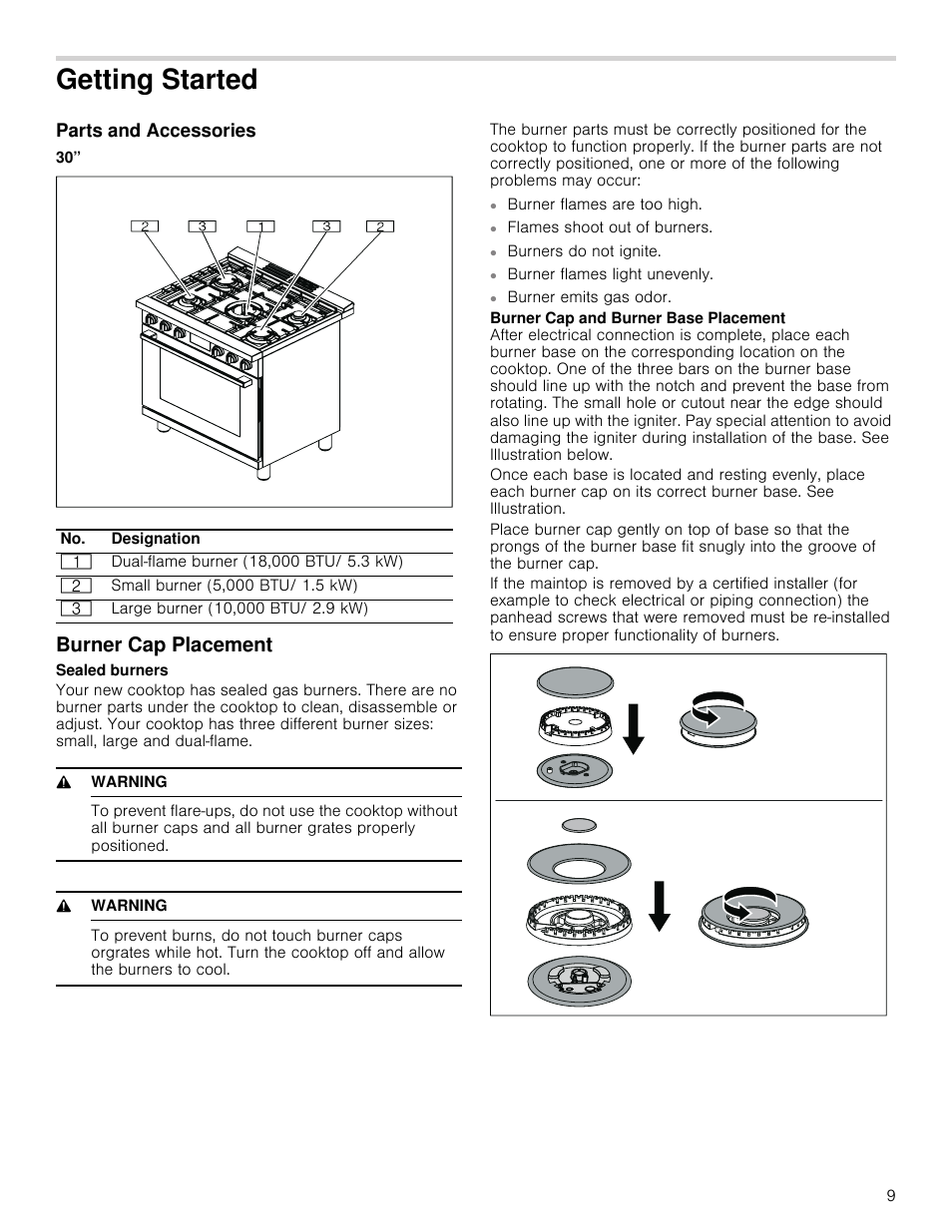 Getting started, Parts and accessories, Burner cap placement | 9 warning, Parts and accessories burner cap placement | Bosch 800 Series 30 Inch Freestanding Dual Fuel Range Use and Care Manual User Manual | Page 9 / 76