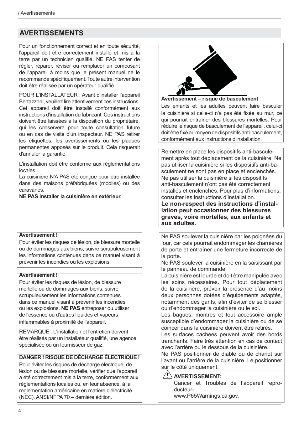 Avertissements | Bertazzoni Master Series 36 Inch Freestanding Induction Range Installation Instructions User Manual | Page 22 / 36