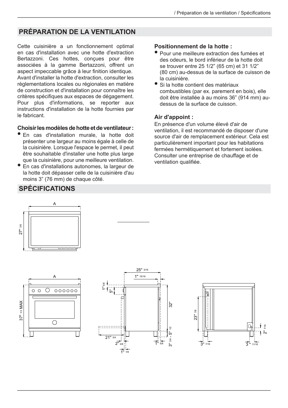 Préparation de la ventilation spécifications, Choisir les modèles de hotte et de ventilateur, Positionnement de la hotte | Air d'appoint | Bertazzoni Master Series 36 Inch Freestanding Induction Range Installation Instructions User Manual | Page 25 / 36