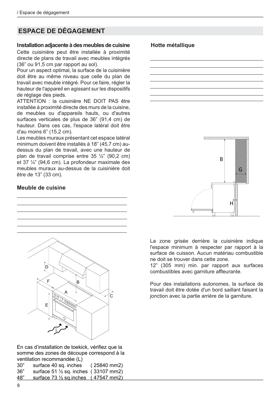 Espace de dégagement | Bertazzoni Master Series 36 Inch Freestanding Induction Range Installation Instructions User Manual | Page 26 / 36