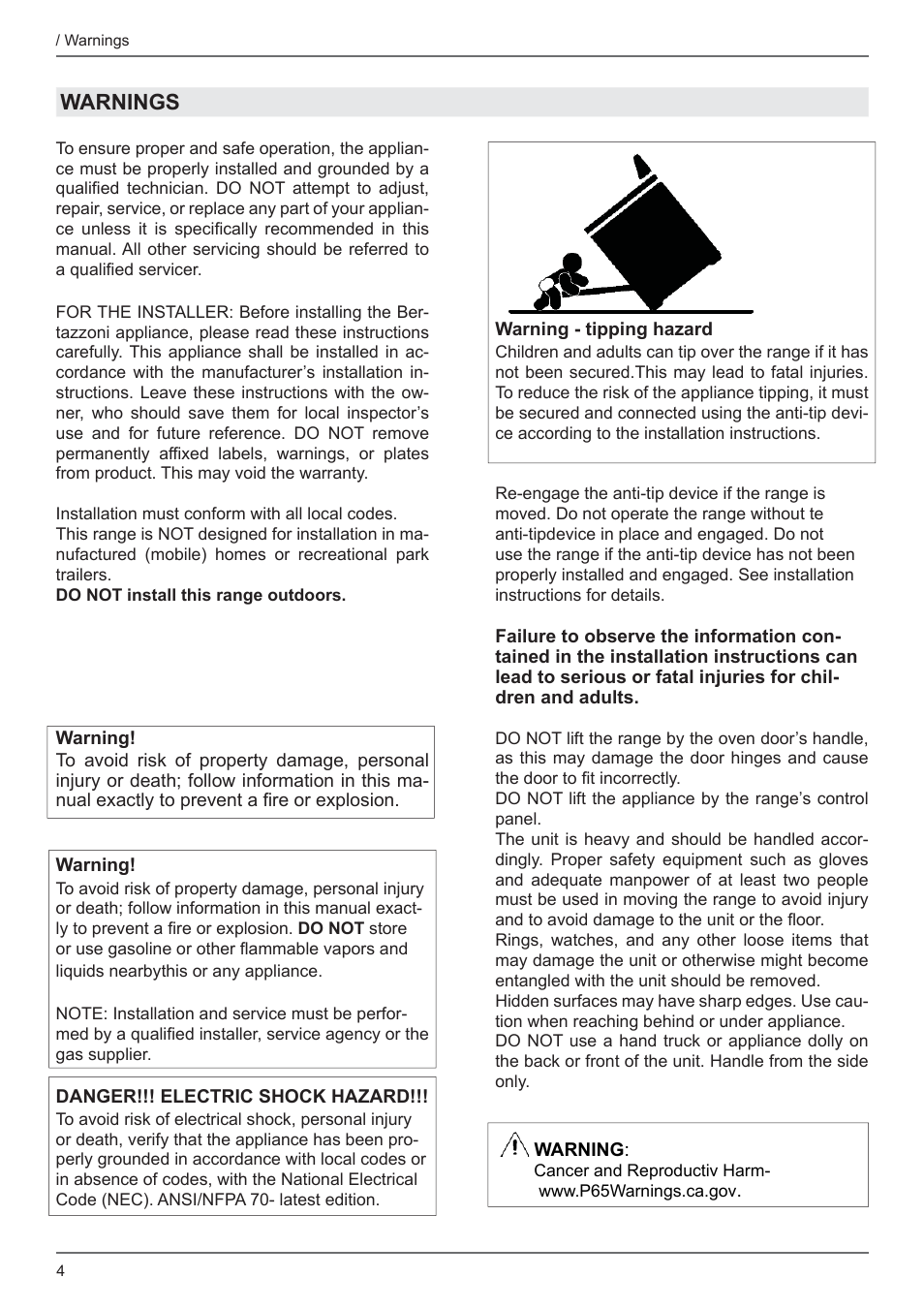 Warnings | Bertazzoni Master Series 36 Inch Freestanding Induction Range Installation Instructions User Manual | Page 4 / 36