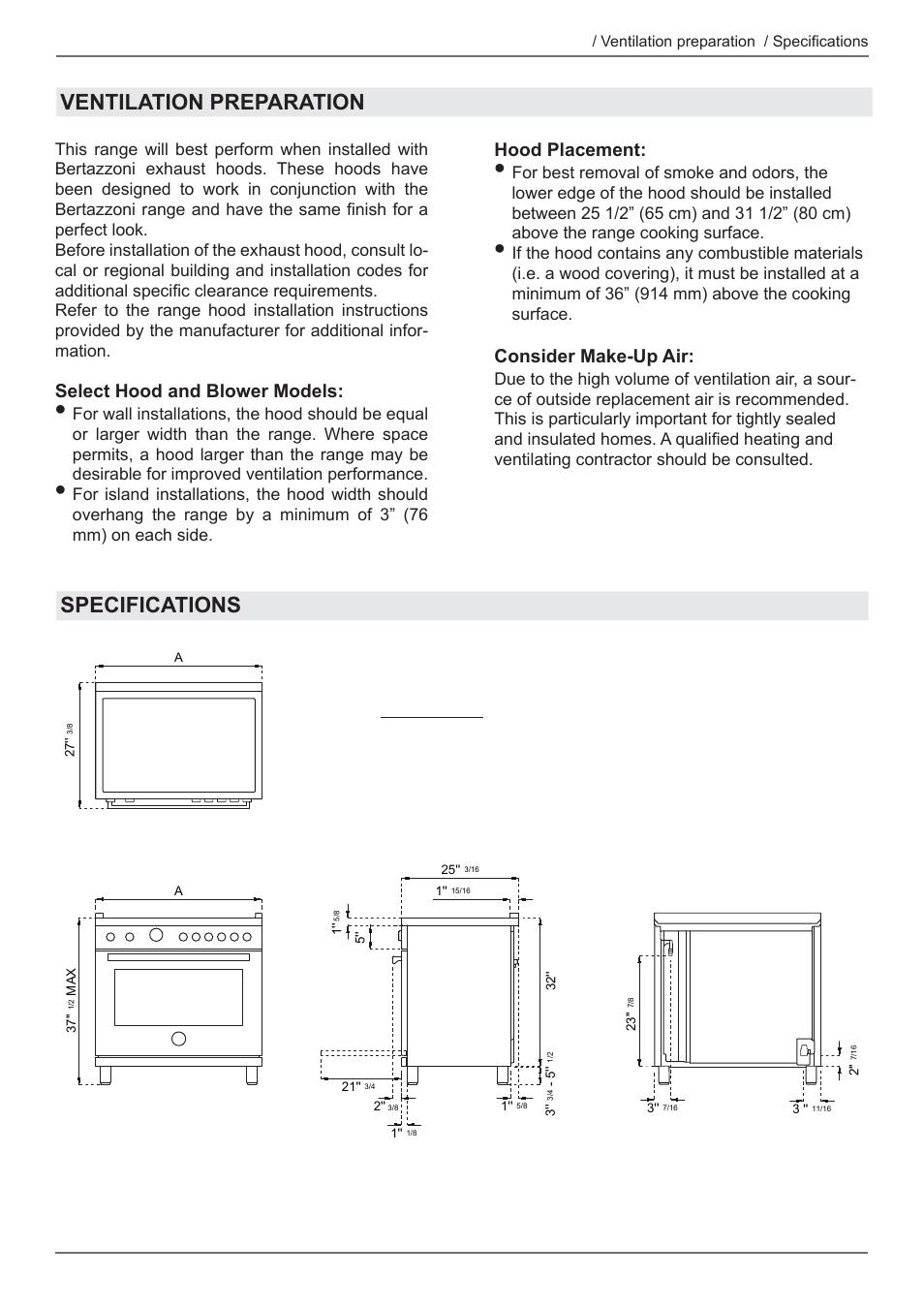 Ventilation preparation specifications, Select hood and blower models, Hood placement | Consider make-up air | Bertazzoni Master Series 36 Inch Freestanding Induction Range Installation Instructions User Manual | Page 7 / 36