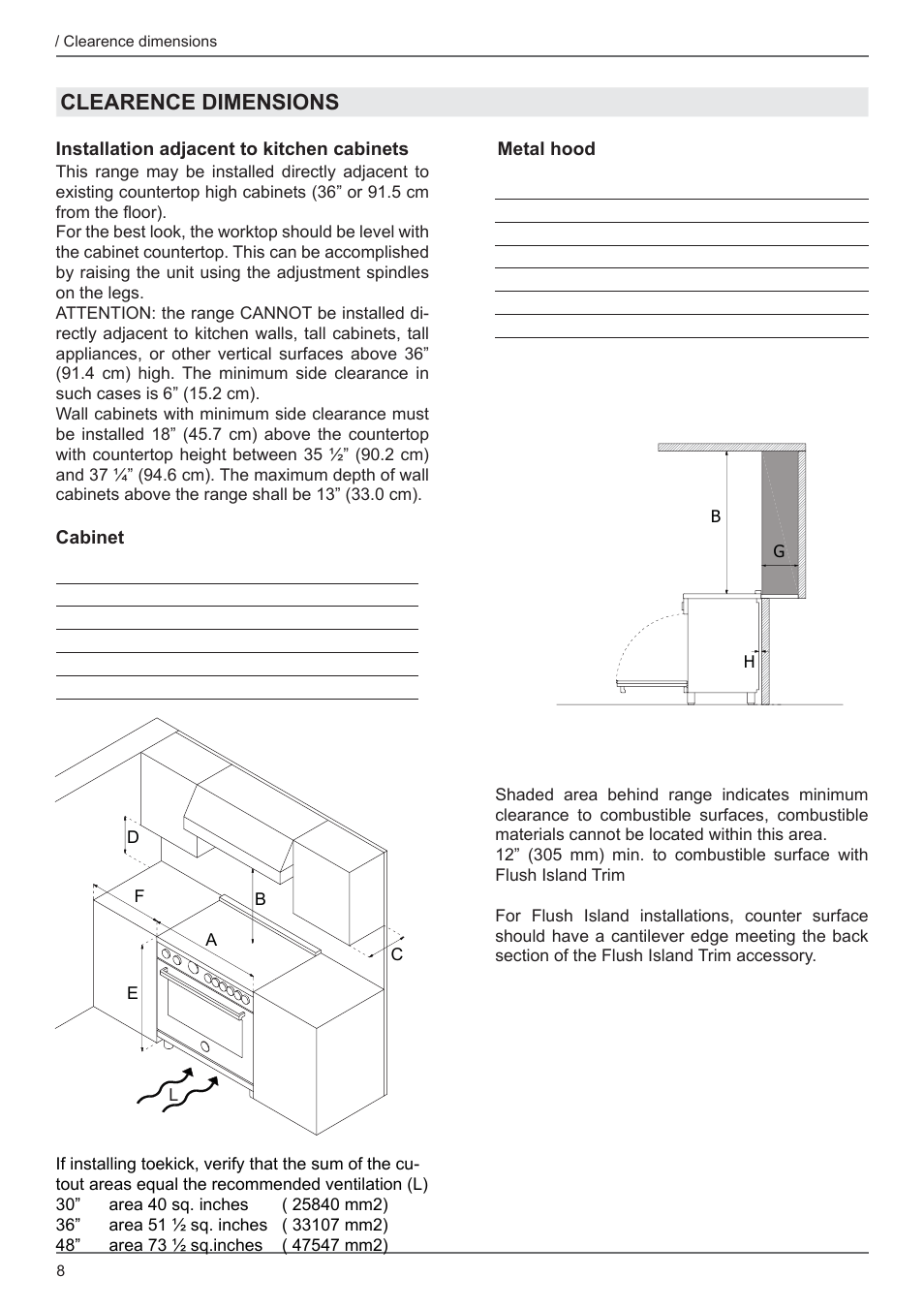 Clearence dimensions | Bertazzoni Master Series 36 Inch Freestanding Induction Range Installation Instructions User Manual | Page 8 / 36