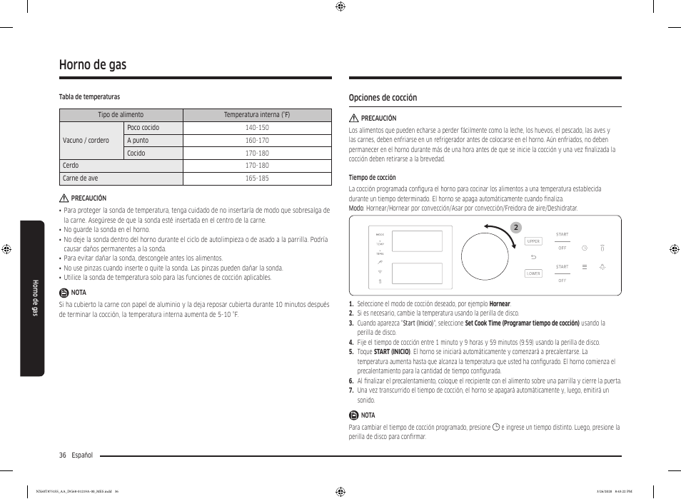 Opciones de cocción, Horno de gas | Samsung 30 Inch Slide-in Gas Smart Range Owner Manual User Manual | Page 100 / 192