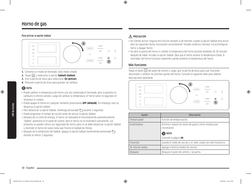 Más funciones, Horno de gas | Samsung 30 Inch Slide-in Gas Smart Range Owner Manual User Manual | Page 102 / 192