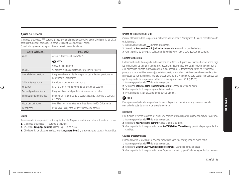 Ajuste del sistema | Samsung 30 Inch Slide-in Gas Smart Range Owner Manual User Manual | Page 105 / 192