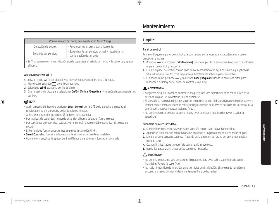 Mantenimiento, Limpieza, Limpieza 43 | Samsung 30 Inch Slide-in Gas Smart Range Owner Manual User Manual | Page 107 / 192