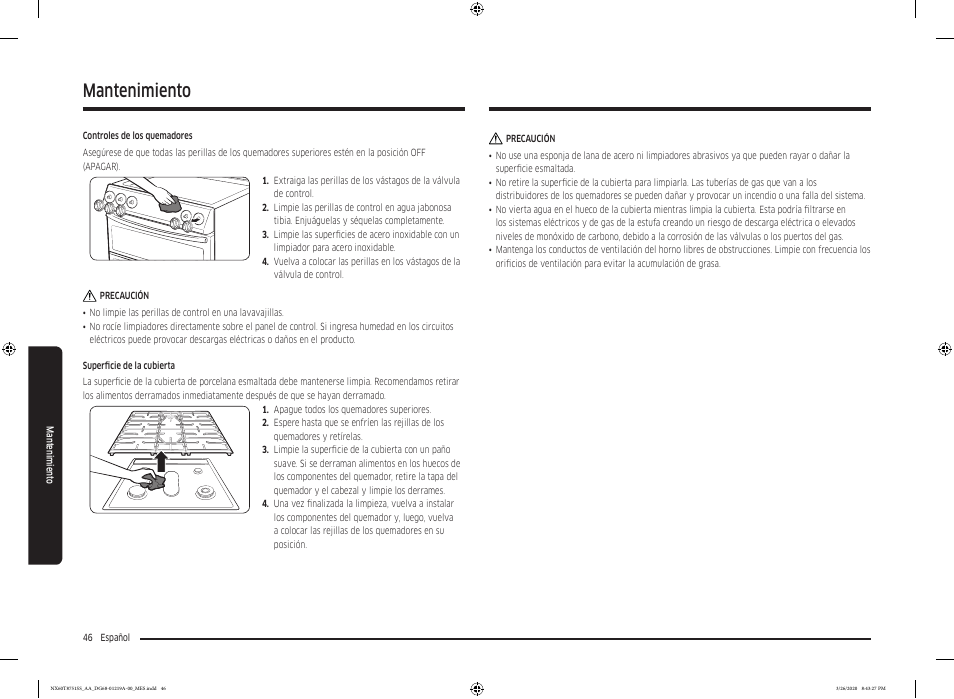 Mantenimiento | Samsung 30 Inch Slide-in Gas Smart Range Owner Manual User Manual | Page 110 / 192