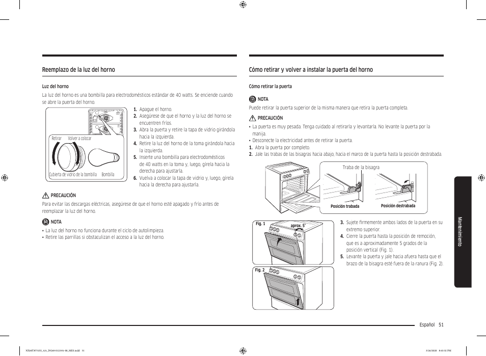 Reemplazo de la luz del horno | Samsung 30 Inch Slide-in Gas Smart Range Owner Manual User Manual | Page 115 / 192