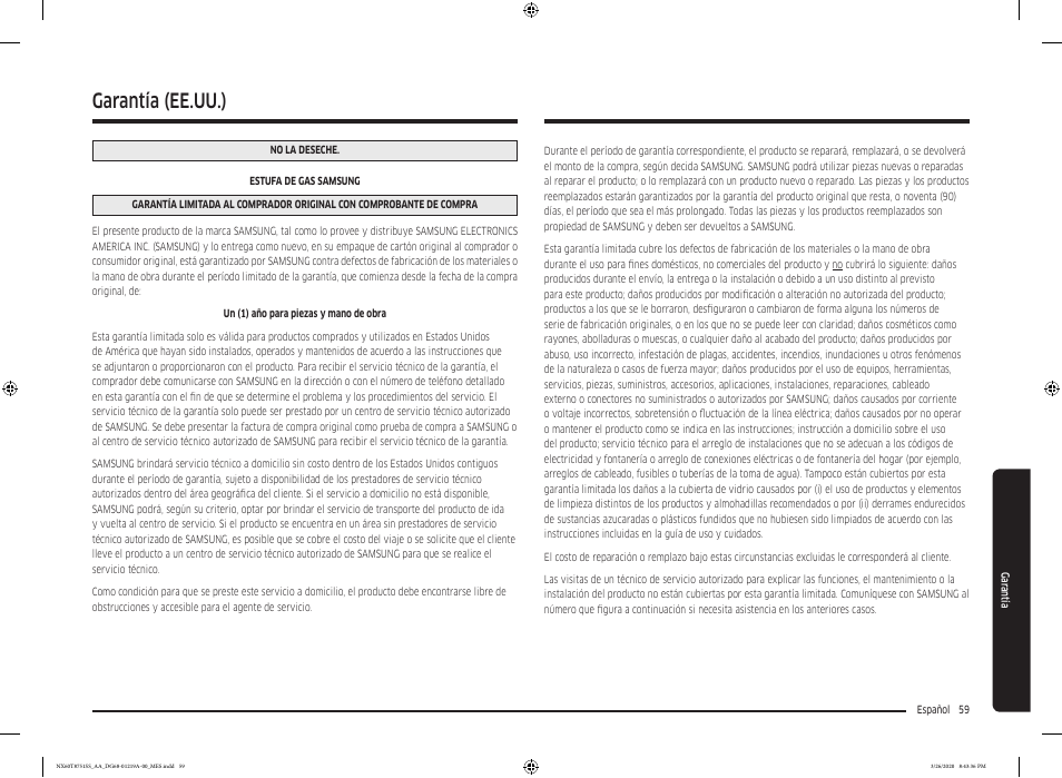 Garantía (ee.uu.) | Samsung 30 Inch Slide-in Gas Smart Range Owner Manual User Manual | Page 123 / 192