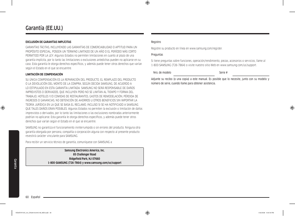 Garantía, Garantía (ee.uu.) | Samsung 30 Inch Slide-in Gas Smart Range Owner Manual User Manual | Page 124 / 192