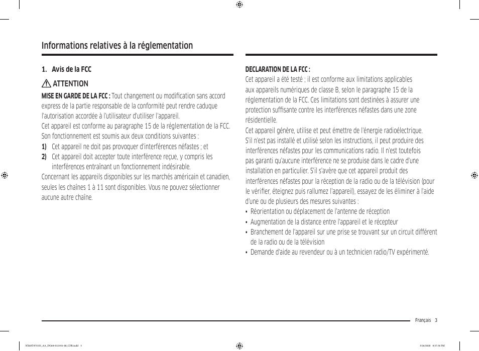 Informations relatives à la réglementation | Samsung 30 Inch Slide-in Gas Smart Range Owner Manual User Manual | Page 131 / 192