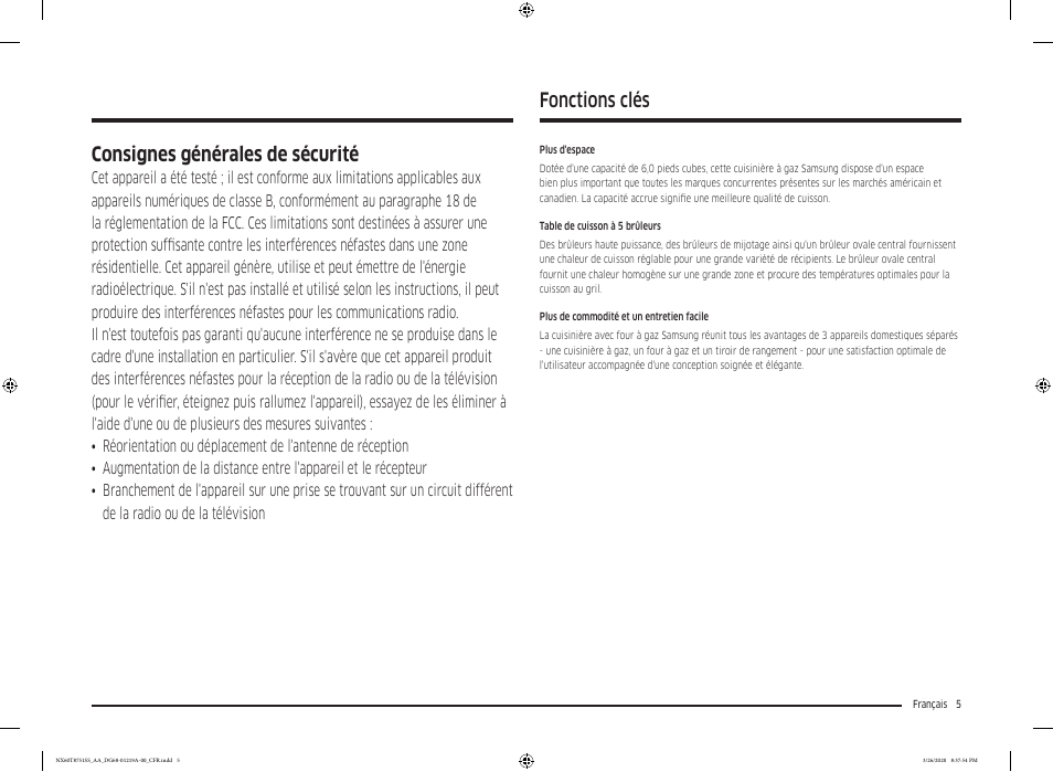 Fonctions clés, Consignes générales de sécurité | Samsung 30 Inch Slide-in Gas Smart Range Owner Manual User Manual | Page 133 / 192