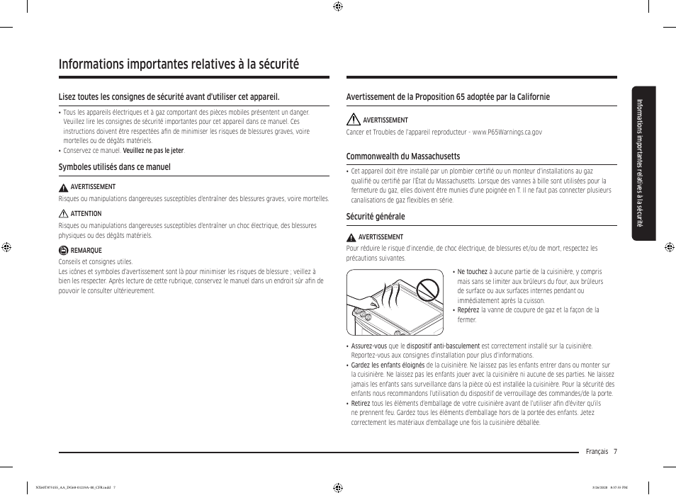 Informations importantes relatives à la sécurité | Samsung 30 Inch Slide-in Gas Smart Range Owner Manual User Manual | Page 135 / 192