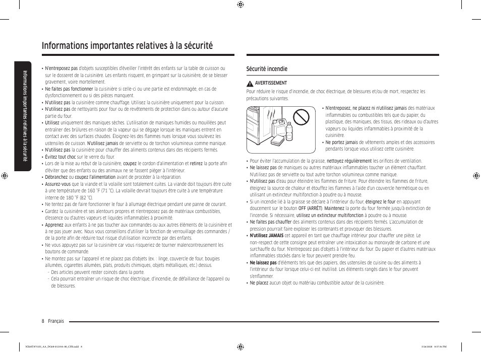 Informations importantes relatives à la sécurité | Samsung 30 Inch Slide-in Gas Smart Range Owner Manual User Manual | Page 136 / 192