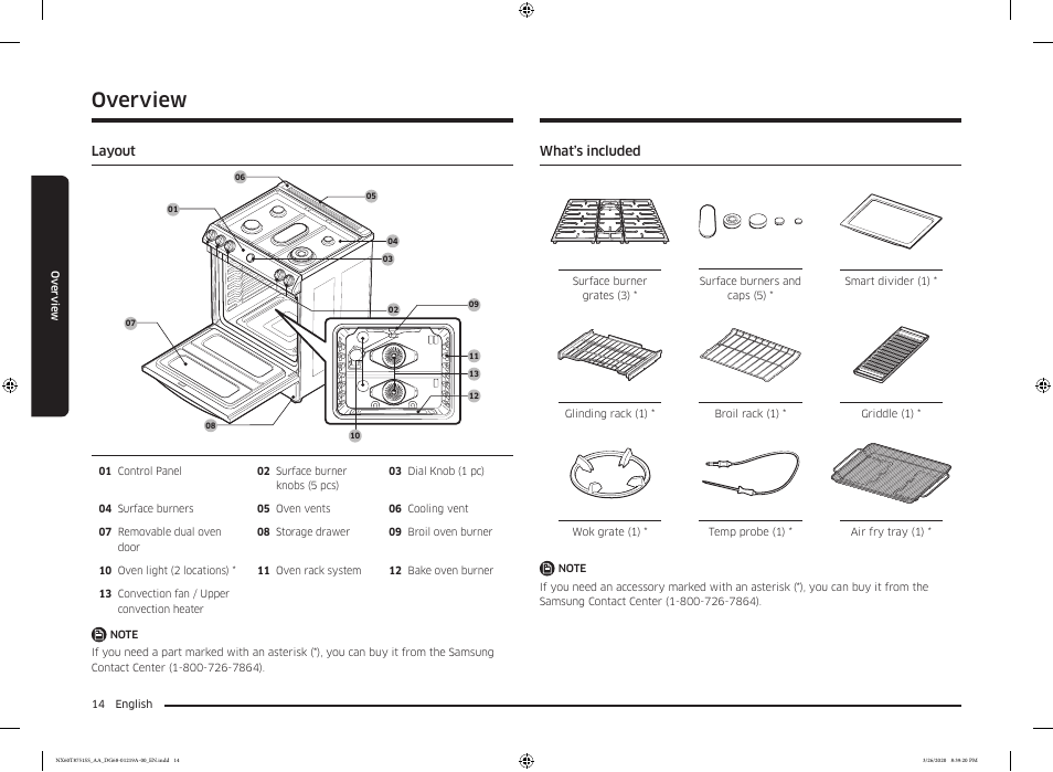Overview, Layout, What’s included | Layout 14 what’s included | Samsung 30 Inch Slide-in Gas Smart Range Owner Manual User Manual | Page 14 / 192
