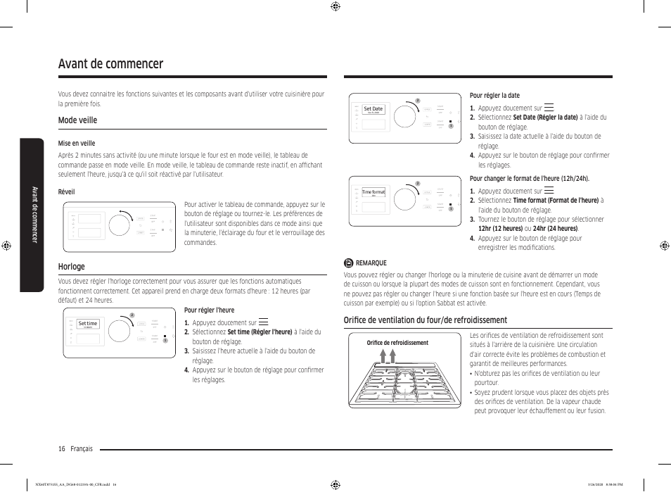 Avant de commencer, Mode veille, Horloge | Orifice de ventilation du four/de refroidissement | Samsung 30 Inch Slide-in Gas Smart Range Owner Manual User Manual | Page 144 / 192