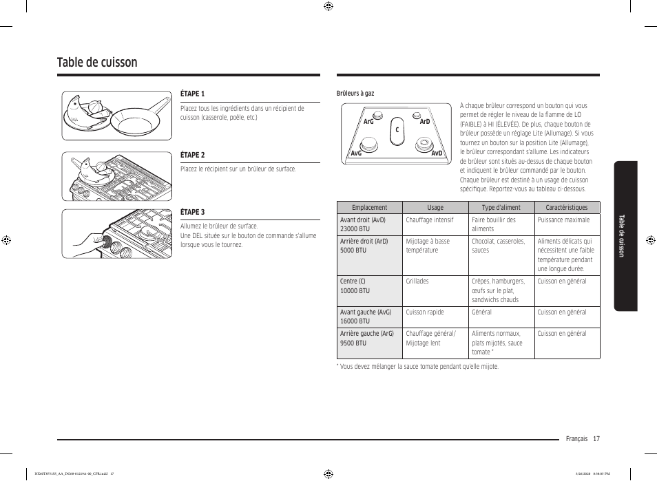 Table de cuisson | Samsung 30 Inch Slide-in Gas Smart Range Owner Manual User Manual | Page 145 / 192