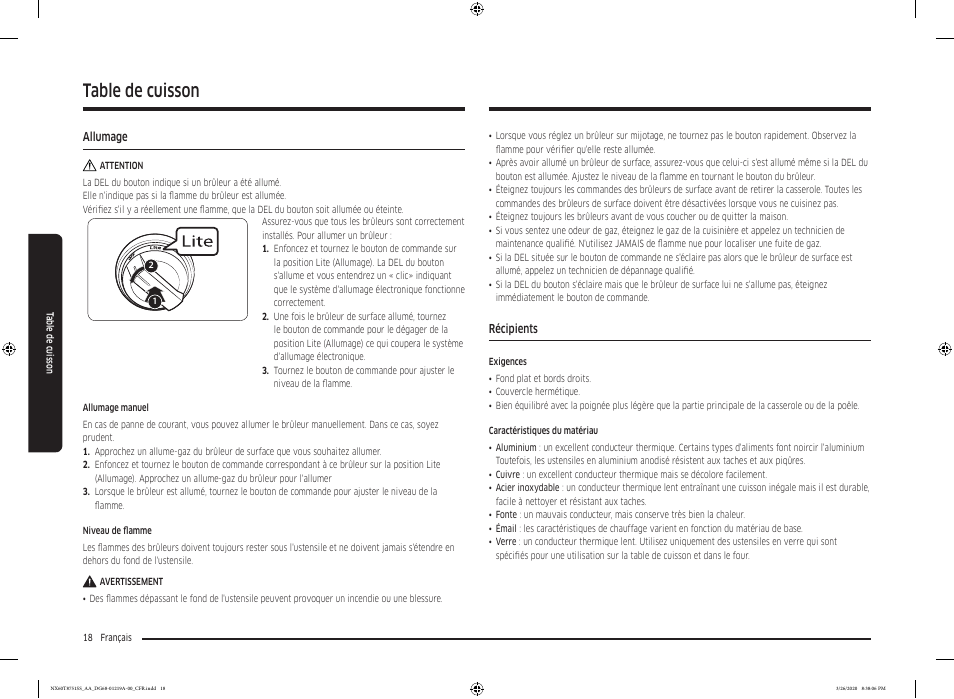 Allumage, Récipients, Allumage 18 récipients 18 | Table de cuisson | Samsung 30 Inch Slide-in Gas Smart Range Owner Manual User Manual | Page 146 / 192