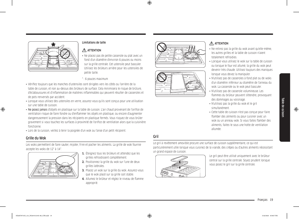 Grille du wok, Gril, Gril 19 | Samsung 30 Inch Slide-in Gas Smart Range Owner Manual User Manual | Page 147 / 192