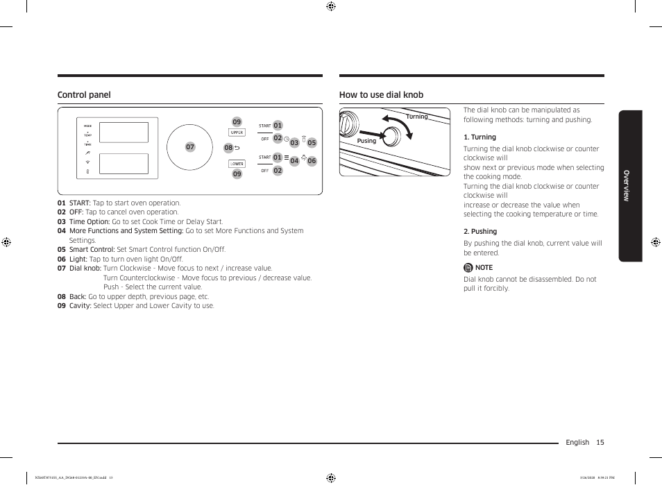 Control panel, How to use dial knob | Samsung 30 Inch Slide-in Gas Smart Range Owner Manual User Manual | Page 15 / 192