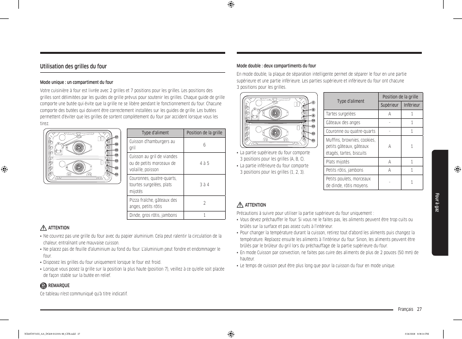 Utilisation des grilles du four | Samsung 30 Inch Slide-in Gas Smart Range Owner Manual User Manual | Page 155 / 192