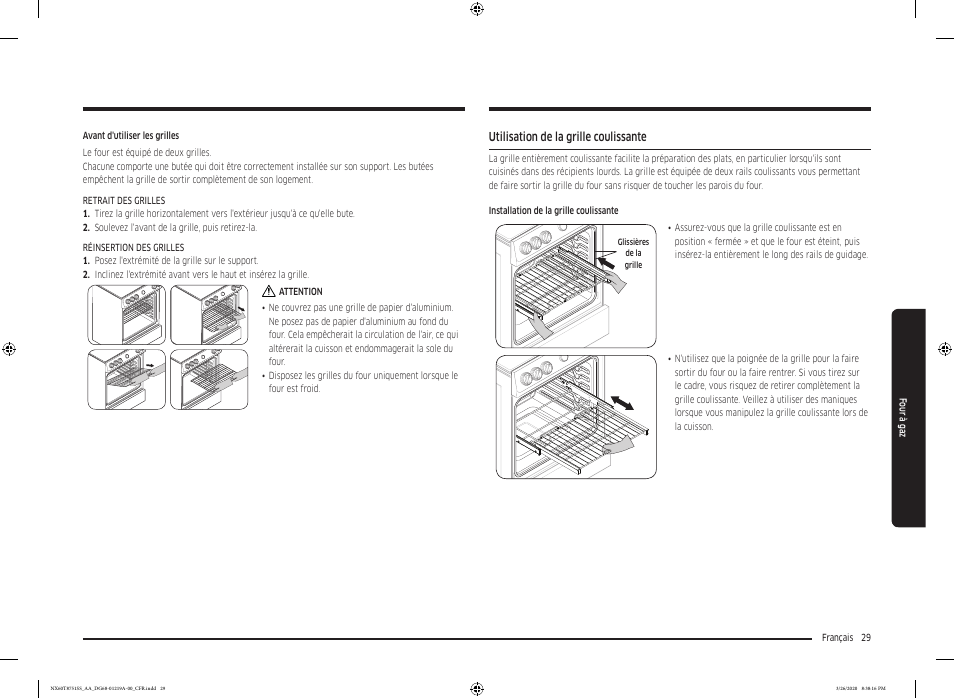 Utilisation de la grille coulissante | Samsung 30 Inch Slide-in Gas Smart Range Owner Manual User Manual | Page 157 / 192