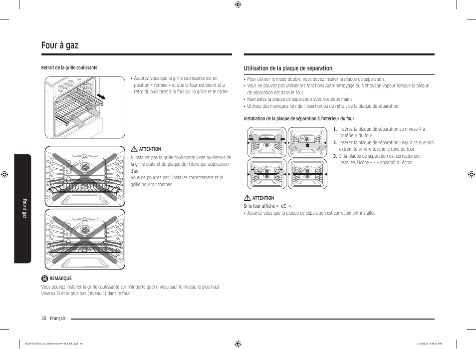 Utilisation de la plaque de séparation, Four à gaz | Samsung 30 Inch Slide-in Gas Smart Range Owner Manual User Manual | Page 158 / 192