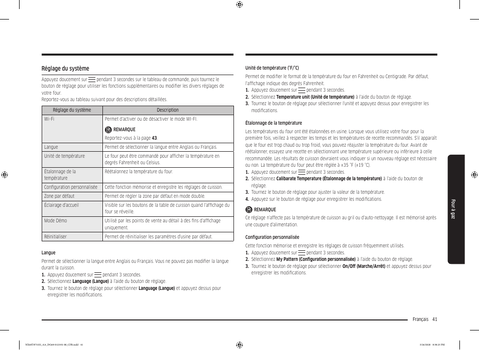 Réglage du système | Samsung 30 Inch Slide-in Gas Smart Range Owner Manual User Manual | Page 169 / 192