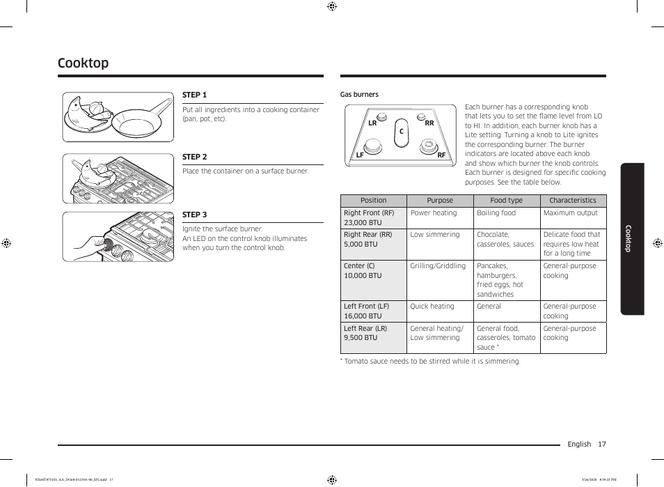 Cooktop | Samsung 30 Inch Slide-in Gas Smart Range Owner Manual User Manual | Page 17 / 192