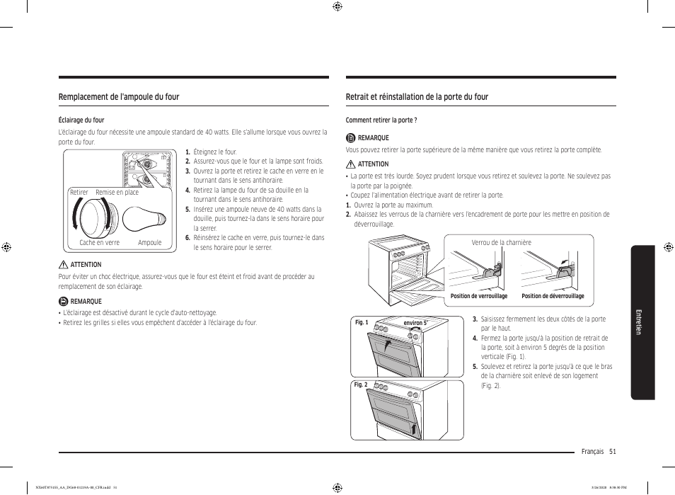 Remplacement de l'ampoule du four, Retrait et réinstallation de la porte du four | Samsung 30 Inch Slide-in Gas Smart Range Owner Manual User Manual | Page 179 / 192