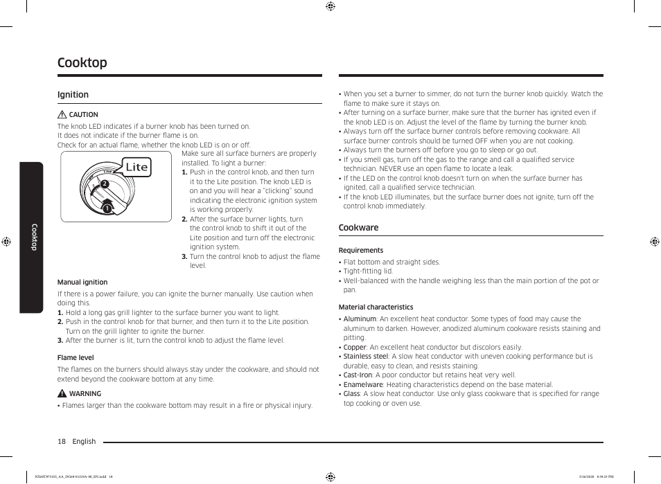 Ignition, Cookware, Ignition 18 cookware 18 | Cooktop | Samsung 30 Inch Slide-in Gas Smart Range Owner Manual User Manual | Page 18 / 192