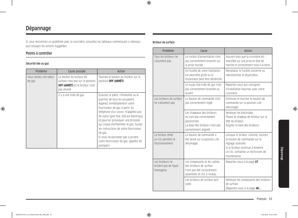 Dépannage, Points à contrôler | Samsung 30 Inch Slide-in Gas Smart Range Owner Manual User Manual | Page 181 / 192