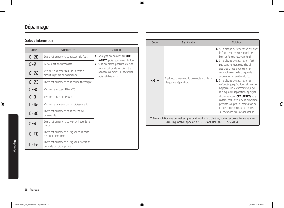 Codes d'information, Codes, D'information | Dépannage | Samsung 30 Inch Slide-in Gas Smart Range Owner Manual User Manual | Page 186 / 192