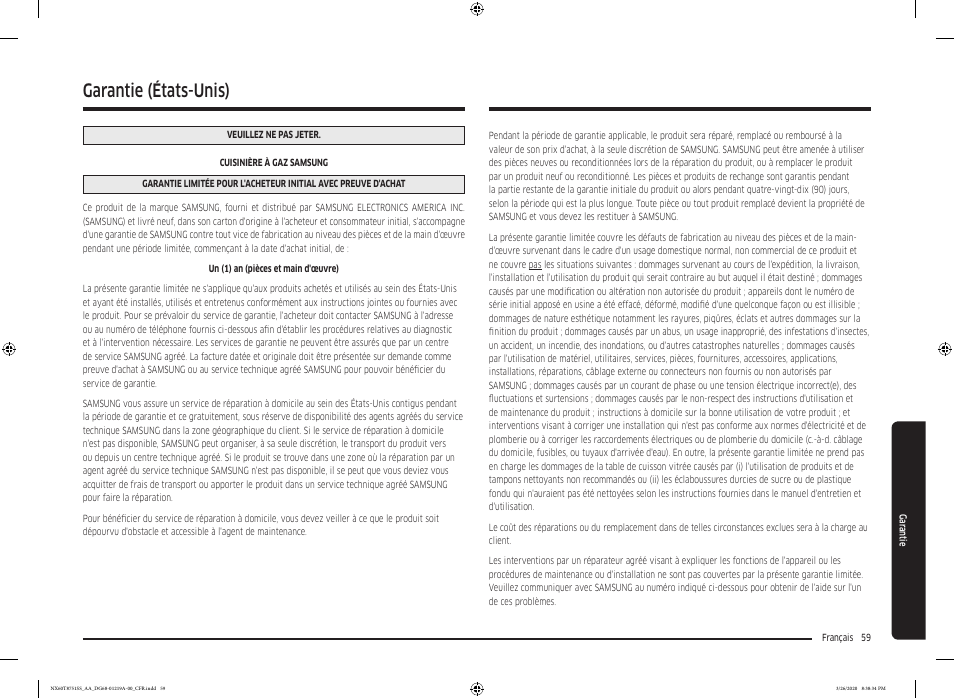 Garantie (états-unis) | Samsung 30 Inch Slide-in Gas Smart Range Owner Manual User Manual | Page 187 / 192