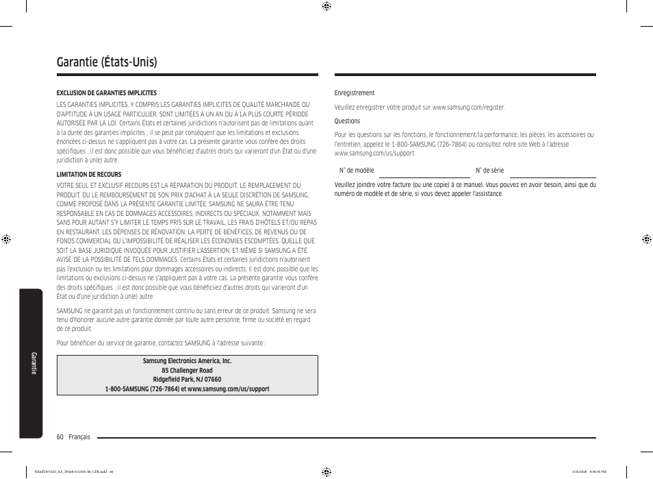 Garantie, Garantie (états-unis) | Samsung 30 Inch Slide-in Gas Smart Range Owner Manual User Manual | Page 188 / 192