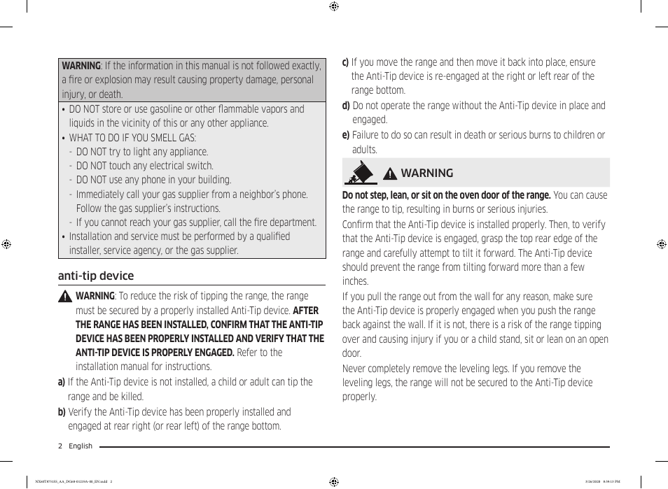 Samsung 30 Inch Slide-in Gas Smart Range Owner Manual User Manual | Page 2 / 192