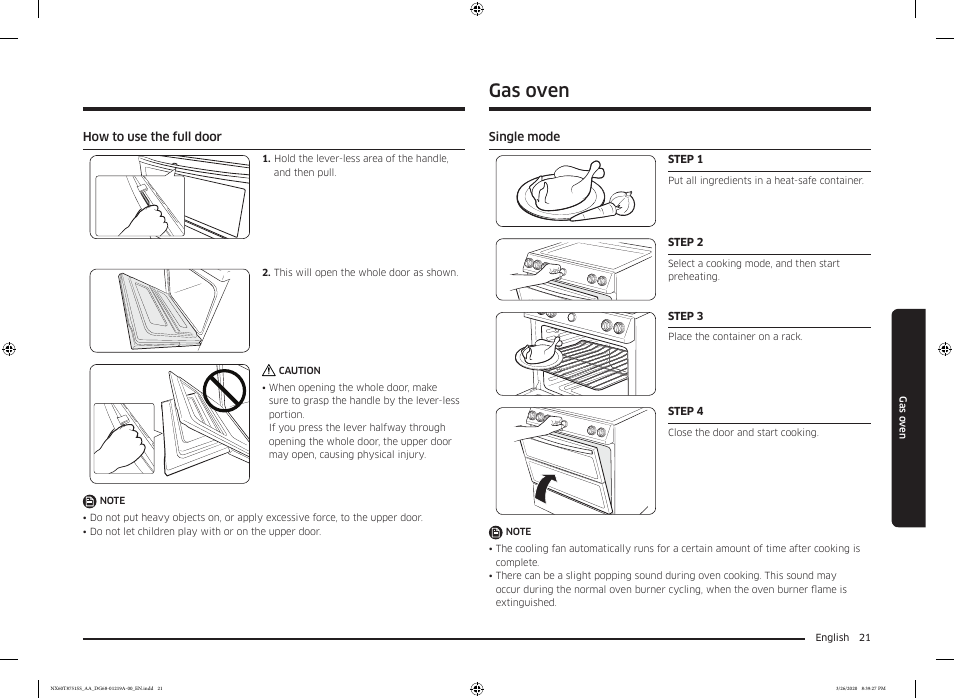 How to use the full door, Gas oven, Single mode | Samsung 30 Inch Slide-in Gas Smart Range Owner Manual User Manual | Page 21 / 192