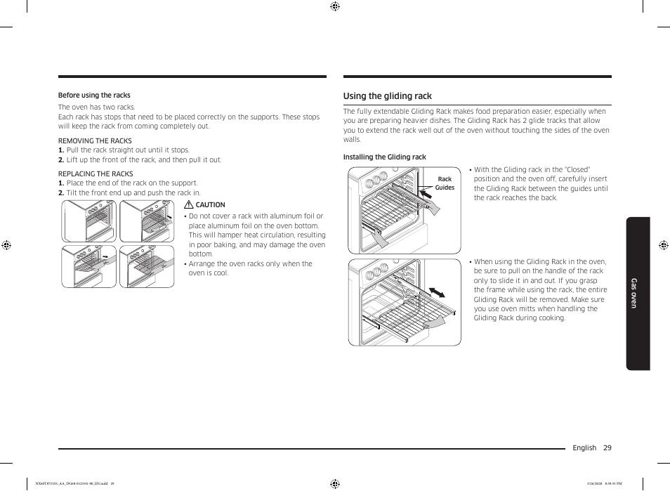 Using the gliding rack | Samsung 30 Inch Slide-in Gas Smart Range Owner Manual User Manual | Page 29 / 192