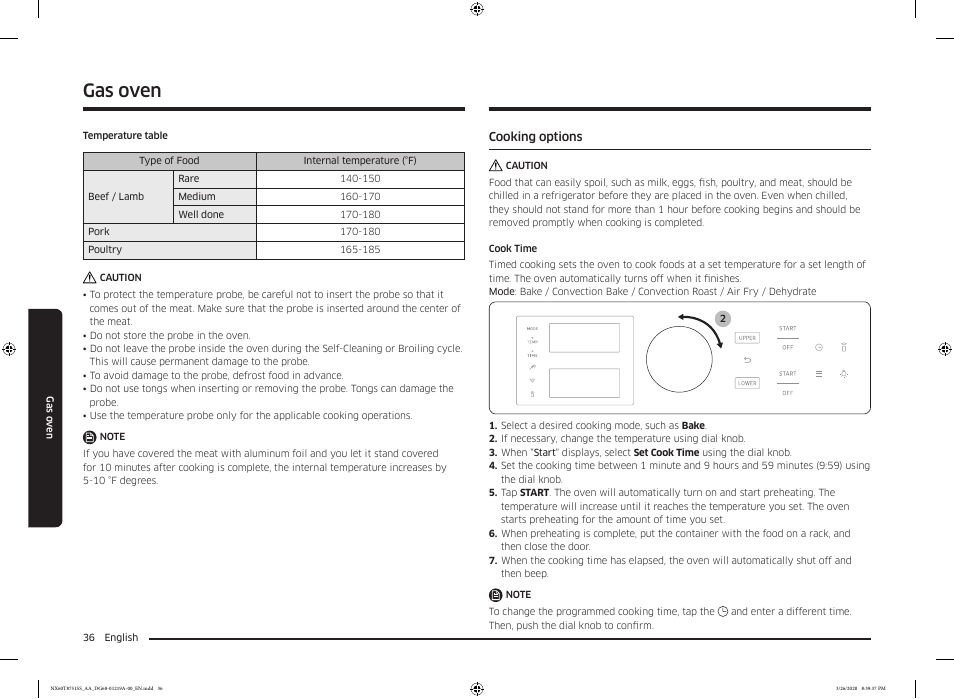 Cooking options, Gas oven | Samsung 30 Inch Slide-in Gas Smart Range Owner Manual User Manual | Page 36 / 192