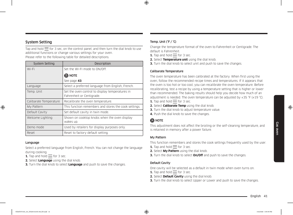 System setting | Samsung 30 Inch Slide-in Gas Smart Range Owner Manual User Manual | Page 41 / 192