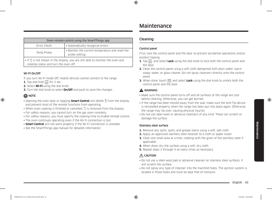 Maintenance, Cleaning, Cleaning 43 | Samsung 30 Inch Slide-in Gas Smart Range Owner Manual User Manual | Page 43 / 192