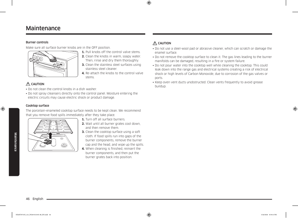 Maintenance | Samsung 30 Inch Slide-in Gas Smart Range Owner Manual User Manual | Page 46 / 192