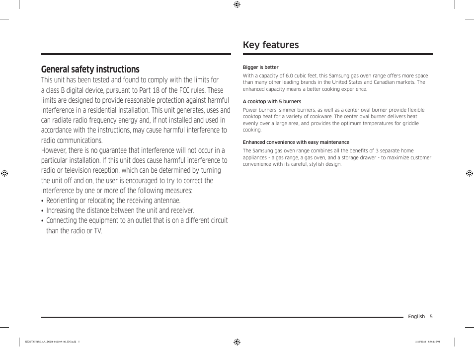 Key features, General safety instructions | Samsung 30 Inch Slide-in Gas Smart Range Owner Manual User Manual | Page 5 / 192