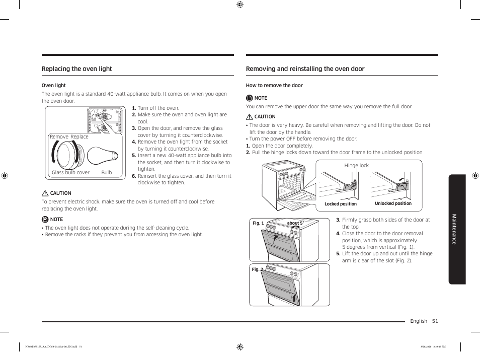 Replacing the oven light, Removing and reinstalling the oven door | Samsung 30 Inch Slide-in Gas Smart Range Owner Manual User Manual | Page 51 / 192