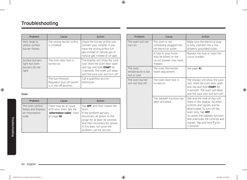 Troubleshooting | Samsung 30 Inch Slide-in Gas Smart Range Owner Manual User Manual | Page 54 / 192