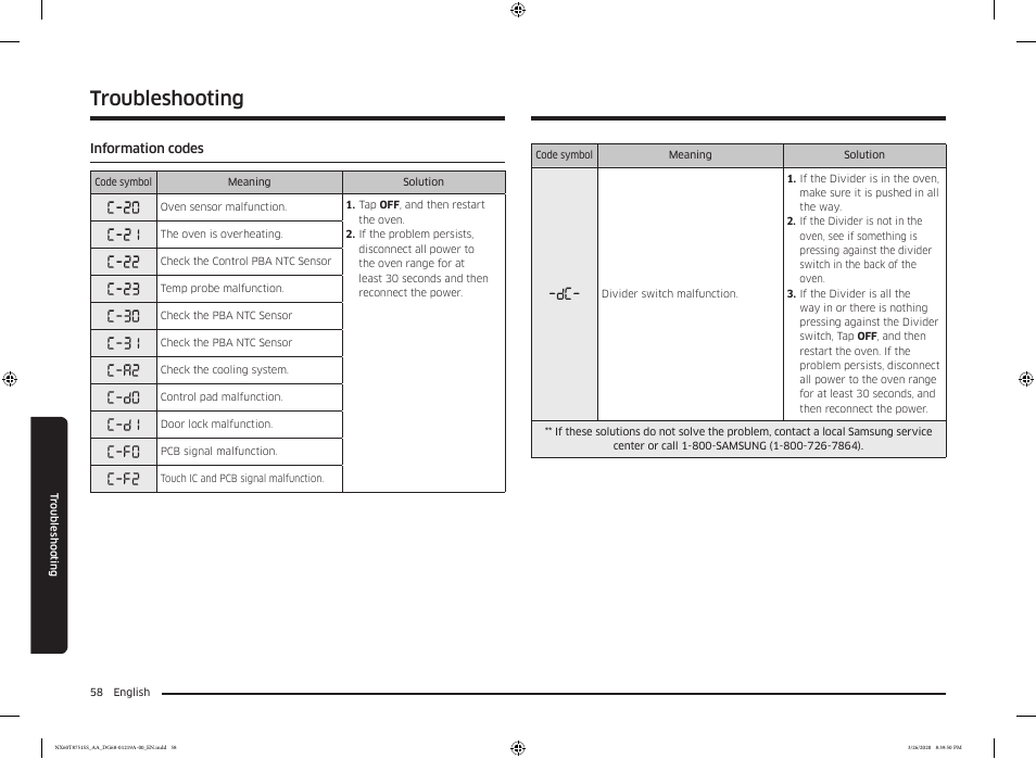 Information codes, Troubleshooting | Samsung 30 Inch Slide-in Gas Smart Range Owner Manual User Manual | Page 58 / 192