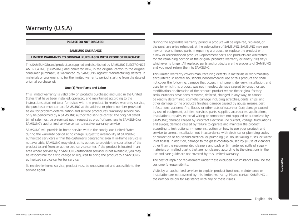 Warranty (u.s.a) | Samsung 30 Inch Slide-in Gas Smart Range Owner Manual User Manual | Page 59 / 192