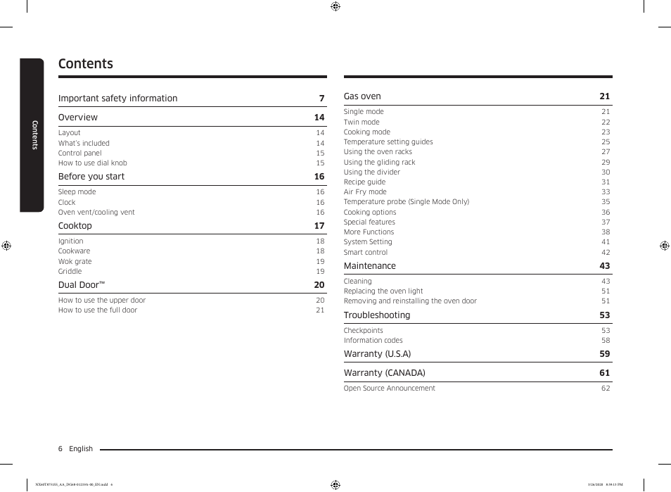 Samsung 30 Inch Slide-in Gas Smart Range Owner Manual User Manual | Page 6 / 192